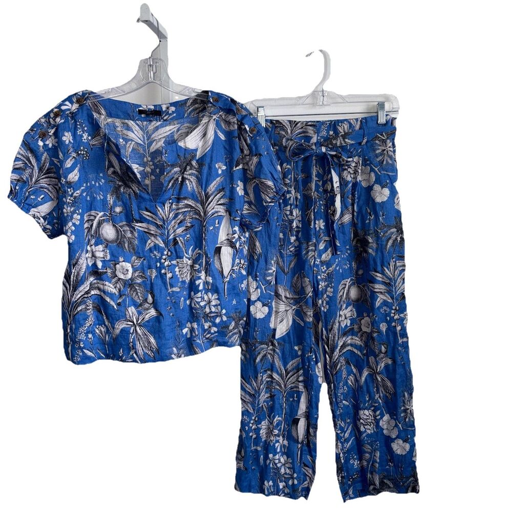 J Crew Blue Ratti Tropical Toile Linen Top & Pant Set Outfit Size Medium 6